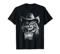Rústico Cowboy Maine Coon Cat Bebiendo Café Helado Western Camiseta