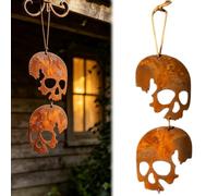 Rusty Metal Skull Wind Chime, 2/4PCS Halloween Outdoor Yard Ornament, Rust Patina Vintage Rustic Garden Decor with Natural Jute Twines for Outdoor Hanging Decorations