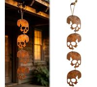 Rusty Metal Skull Wind Chime, 2/4PCS Halloween Outdoor Yard Ornament, Rust Patina Vintage Rustic Garden Decor with Natural Jute Twines for Outdoor Hanging Decorations