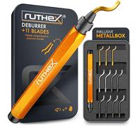 ruthex Desbarbador en caja de metal, incluye 11 cuchillas para plástico, metal, acero inoxidable - ideal en impresión 3D - Desbarbador de mano con compartimento de almacenamiento - Cuchillas de