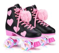 Ruthfot Patines clásicos para mujeres y niñas con ruedas iluminadas y patrón de corazón de amor, patines de piel sintética de alta calidad