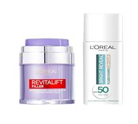 Rutina L'Oreal Paris Revitalift Filler Crema, 50ml + Bright Reveal Fluido Diario con Color y Niacinamida Protección muy alta SPF50 50Ml Tono Medio