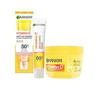 Rutina Protección Garnier Vitamin C Fresh & Bright Sorbete Hidratante Antimanchas Crema + Fluido Antimanchas Vit C Anti-UV Diario Efecto Glow FPS50+, Protege, Previene y Reduce las manchas