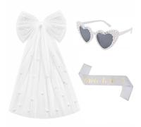 Ruvan Kit Despedida de Soltera con Velo Lazo Antiarrugas Ready-to-Wear Banda y Gafas Cómodas Corazón Accesorios para Novia Fiesta Bachelorette Foto Boda Blanco 3 Uds