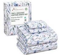 RUVANTI Juego de sábanas de algodón 100 % orgánico, súper suaves y transpirables, sábanas de percal crujientes y refrescantes, bolsillo profundo de 15 pulgadas, 4 piezas, diseño de margaritas