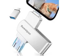 Ruweipan Pendrive para Phone,[Sin App] Memoria Externa 128GB Mini Photo Stick USB 3.0 Transmisión de Alta Velocidad 4 en 1 Pen Drive para Type C-Phone iOS/OTG Smartphone/PC/Laptop,128GB Plata