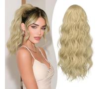 RUWISS Coleta Postiza Pelo Natural, Extensiones Pelo Rizado Coleta Postiza Larga Rubio Cálido con Reflejos Ondulado Sintética Ponytail 40 cm Cola Caballo Extension para Mujeres