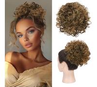 RUWISS Moño pelo Natural Rizado, Moño Postizo Afro Castaño Mezcla Rubio Oscuro Ondulado Postizos Moño y Coletas Corto para Mujer, 85g