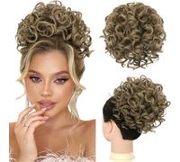 RUWISS Moño pelo Natural Rizado, Moño Postizo Afro Marrón Ceniza Ondulado Postizos Moño y Coletas Corto para Mujer, 85g