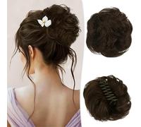 RUWISS Moño Postizo Desordenado con Pinza para Extensiones de Coleta 100% Cabello Humano Ondulado y Rizado Scrunchies de Cabello Humano Genuino con Clip para Mujeres Niñas (Marrón Natural)