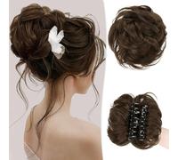 RUWISS Moño Postizo Desordenado con Pinza para Extensiones de Coleta 100% Cabello Humano Ondulado y Rizado Scrunchies de Cabello Humano Genuino con Clip para Mujeres Niñas (Marron Moyen)