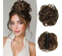 RUWISS Moño Postizo Desordenado con Pinza para Extensiones de Coleta 100% Cabello Humano Ondulado y Rizado Scrunchies de Cabello Humano Genuino con Clip para Mujeres (Marrón Oscuro y Marrón Claro)