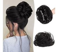 RUWISS Moño Postizo Desordenado con Pinza para Extensiones de Coleta 100% Cabello Humano Ondulado y Rizado Scrunchies de Cabello Humano Genuino con Clip para Mujeres Niñas (Negro Natural)