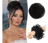 RUWISS Moños Postizos 100% Pelo Humano Postizos de Pelo Rizado Ondulado Extensiones de Cabello Real Moño de Pelo Desordenado Postizos para Mujer (Negro Natural)