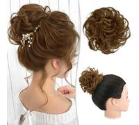 RUWISS Moños Postizos 100% Pelo Humano Postizos de Pelo Rizado Ondulado Extensiones de Cabello Real Moño de Pelo Desordenado Postizos para Mujer (Marrón Claro)