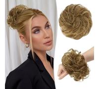 RUWISS Moños Postizos 100% Pelo Humano Postizos de Pelo Rizado Ondulado Extensiones de Cabello Real Moño de Pelo Desordenado Postizos para Mujer (Marrón Chocolate Claro con Brillo Rubio Dorado Claro)