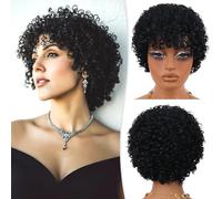 RUWISS Peluca Corta Rizada Pelo Humano Real con Flequillo para Mujeres Rebote Afro Ondulado Peluca de Corte Bob Pelo Brasileño Remy, Negro Natural