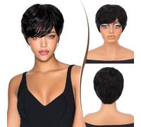 RUWISS Pixie Cut Peluca de Pelo Real con Flequillo Pelucas de Capas Esponjosas con Estilo Negro Real con Historia Corta Ondulada Varios Estilos de Pelucas Cortas para Mujeres Negras (1B#)