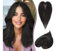 RUWISS Topper Cabello Humano Mujer, Hair Topper pelo Natural Ligero Topper Cabello Humano Clip Liso sin Flequillo, Negro Natural