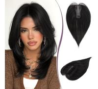 RUWISS Topper pelo Natural Mujer Topper Cabello Humano Liso Real Humano Hair Topper Ligero Clip en Postizos sin Flequillo, Negro Natural