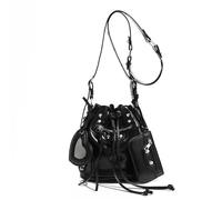 RUWLFE Bolso Bandolera Tachuelas Bolso bandolera con cordón versátil, moderno bolso tipo cubo, bolso de motociclista con remaches, bolso bandolera informal for viajes diarios(Black)
