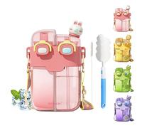 RUYI Botella de agua para niños de 780 ml, a prueba de fugas, sin BPA, doble propósito, con pajita y correa, botella de agua Kawaii para escuela, bicicleta, gimnasio, con cepillo de limpieza y