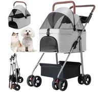 RUYICZB 3 En 1 Cochecito 4 Ruedas para Perros Y Gatos hasta 30Lbs Perros Pequeños Medianos Gatos Cochecito Plegable para Cachorros con Toldo De 180° Cesta De Almacenaje,Gris