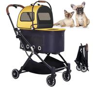 RUYICZB Cochecito para Mascotas De Doble Capa, Cochecito De Viaje Plegable para Perros Y Gatos con 2 Transportadores De Viaje Portátiles, Cochecitos para Cachorros De 4 Ruedas,Amarillo