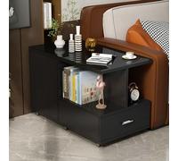 RUYICZB Mesa Auxiliar De Madera con Tapa De Cristal, Mesa Auxiliar Rectangular con Ruedas, Mesas Esquineras Móviles para Sofá, Mesas Auxiliares con Almacenamiento para Sala De Estar,Negro,70cm