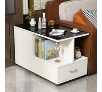 RUYICZB Mesa Auxiliar De Madera con Tapa De Cristal, Mesa Auxiliar Rectangular con Ruedas, Mesas Esquineras Móviles para Sofá, Mesas Auxiliares con Almacenamiento para Sala De Estar,Black White,90cm