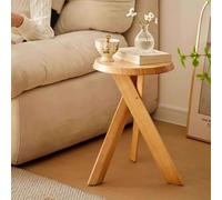 RUYICZB Mesa Auxiliar Redonda con Patas Cruzadas, Mesitas Auxiliares De Madera Maciza para Sofá, Mesa Auxiliar con Forma De C, Mesas Auxiliares para Sala De Estar Y Dormitorio,Natural