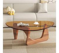 RUYICZB Mesa De Centro Triangular Vidrio De Mediados Siglo, Mesas Centro Modernas Vidrio para Sala Estar, Mesas Centrales con Base Madera para Oficina,Walnut Tea,91cm
