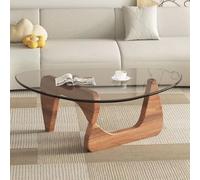 RUYICZB Mesa De Centro Triangular Vidrio De Mediados Siglo, Mesas Centro Modernas Vidrio para Sala Estar, Mesas Centrales con Base Madera para Oficina,Transparent Walnut,91cm