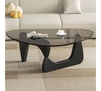 RUYICZB Mesa De Centro Triangular Vidrio De Mediados Siglo, Mesas Centro Modernas Vidrio para Sala Estar, Mesas Centrales con Base Madera para Oficina,Black Ash,91cm