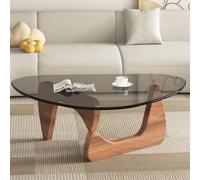 RUYICZB Mesa De Centro Triangular Vidrio De Mediados Siglo, Mesas Centro Modernas Vidrio para Sala Estar, Mesas Centrales con Base Madera para Oficina,Walnut Ash,114cm