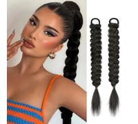 Ruzister 2 extensiones trenzadas de cola de caballo con gomas para el pelo, postizos sintéticos suaves para mujeres y niñas para uso diario, negro natural de 16 pulgadas