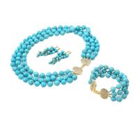 RVBLRDSE 3 Strands Blue Cutting Angle Round Faceted Turquoises Gems Stone Clasp Necklace Bracelet Earrings Sets For Women(Jewelry sets)