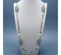 RVBLRDSE 44" Cultured White Rice Pearl Green Pave Crystal Chain Long Necklace For Women
