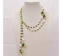 RVBLRDSE 49'' Cultured White Rice Pearl Green Glass Heart Crystal Sweater chain Long Necklace Women Jewelry
