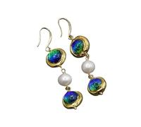RVBLRDSE Freshwater Cultured White Keshi Pearl Blue Murano Glass Dangle Hook Earrings