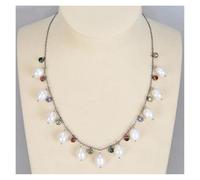 RVBLRDSE Freshwater White Rice Pearl Multi Color Pave Gunmetal Color Plated Chain Necklace 17" For Women Charm Jewelry