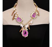 RVBLRDSE White Keshi Pearl Fuchsia Agate Slice Quartz Golden Coral Chain Necklace Agate Pendant