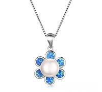 RVHAOODI blue fire opal flower pendant white pearl for women wedding jewelry 925 box chain necklace gift Made in China