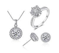 RVHAOODI Circle Jewellery Set Silver Women's Earrings Necklace Rings Zirconia Glitter Jewellery Set Fashion Idea Band Ring Necklace Stud Earrings Wedding Party Jewellery Sets for Women # 9