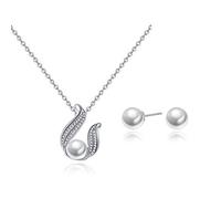 RVHAOODI Pearl Jewellery Set Women's Earrings Necklace Silver Cubic Zirconia Jewellery Set Glitter Stud Earrings Necklace Jewellery Sets for Women and Girls