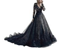 RVUEM Vestidos De Novia De Mujer, Vestido De Novia Gotico De Manga Larga, Vestido De Fiesta Negro, Vestidos Largos De Noche, Hecho De Tul, Cuello En V, Hecho De Tul,Negro,Size: XL