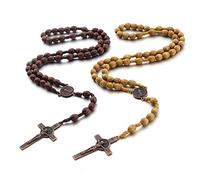 [RWAJZAX] Collar de cuentas de madera hecho a mano con rosario católico colgante cadena larga devoción religiosa joyería unisex