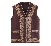 RWGSNB Cárdigan Punto Sin Mangas Mujeres Mediana Edad Mayores Chaleco Punto Jacquard Dorado con Bolsillo Chaleco Suéter Cálido Otoño Informal Abuelas con Botones Color Marrón Talla XS