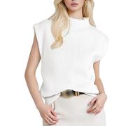 RWGSNB Chaleco Cuello Alto para Mujer Moderno Chaleco Punto Mangas Cortas Chaleco Informal Elegante Punto para Oficina Jersey Básico Sin Mangas Blanco L