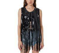 RWGSNB Chaleco Flecos Lentejuelas para Mujer Chaqueta Larga Sin Mangas Borlas Lentejuelas Cárdigan Tachuelas Parte Delantera Abierta Sin Mangas Brillo para Discoteca Festival Color Negro Talla M